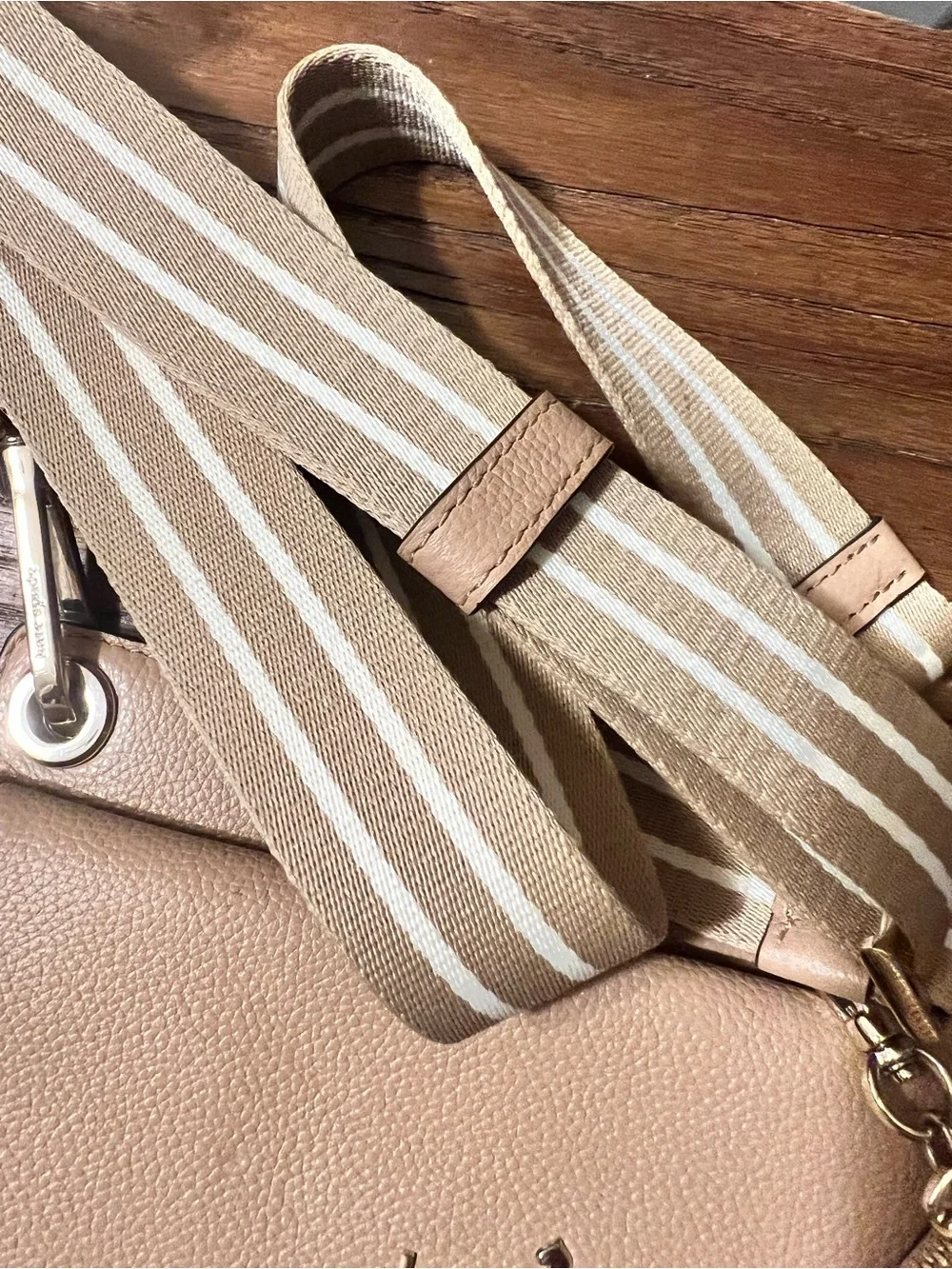 kate spade Pebbled Leather Crossbody Bag in Light Beige with Striped Strap